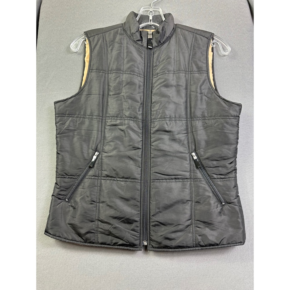 Liz Claiborne Women Petit P Black Quilt Puffer Vest Full Zip Mock Neck Tan Lined - Picture 8 of 13